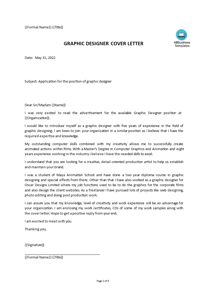 graphic designer job application cover letter Hauptschablonenbild