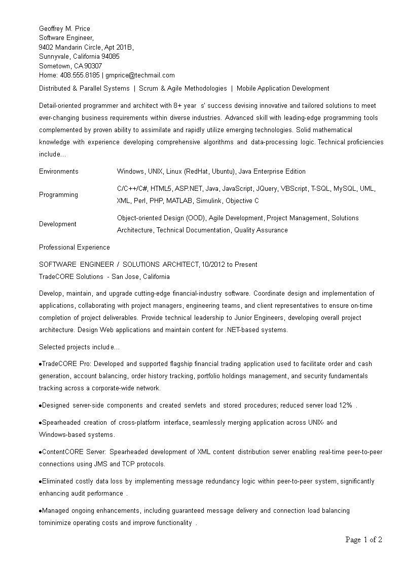 it software engineer resume modèles