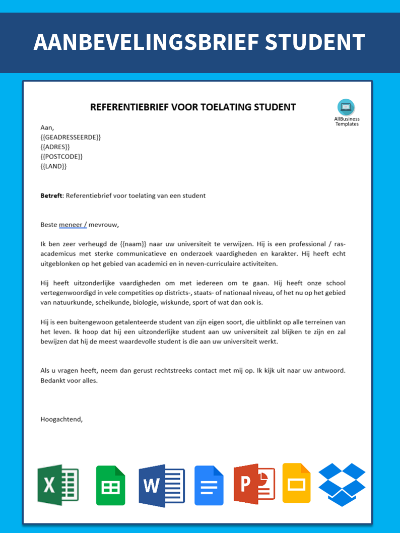 aanbevelingsbrief voorbeeld student template