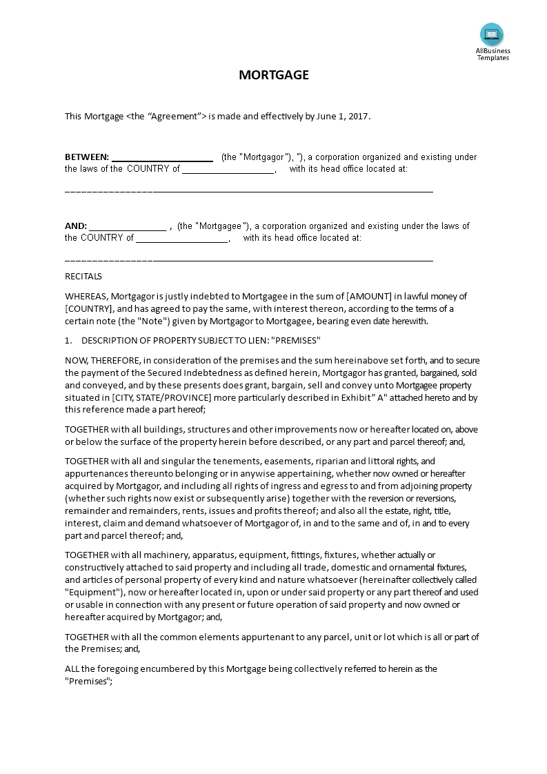 mortgage of property agreement template Hauptschablonenbild