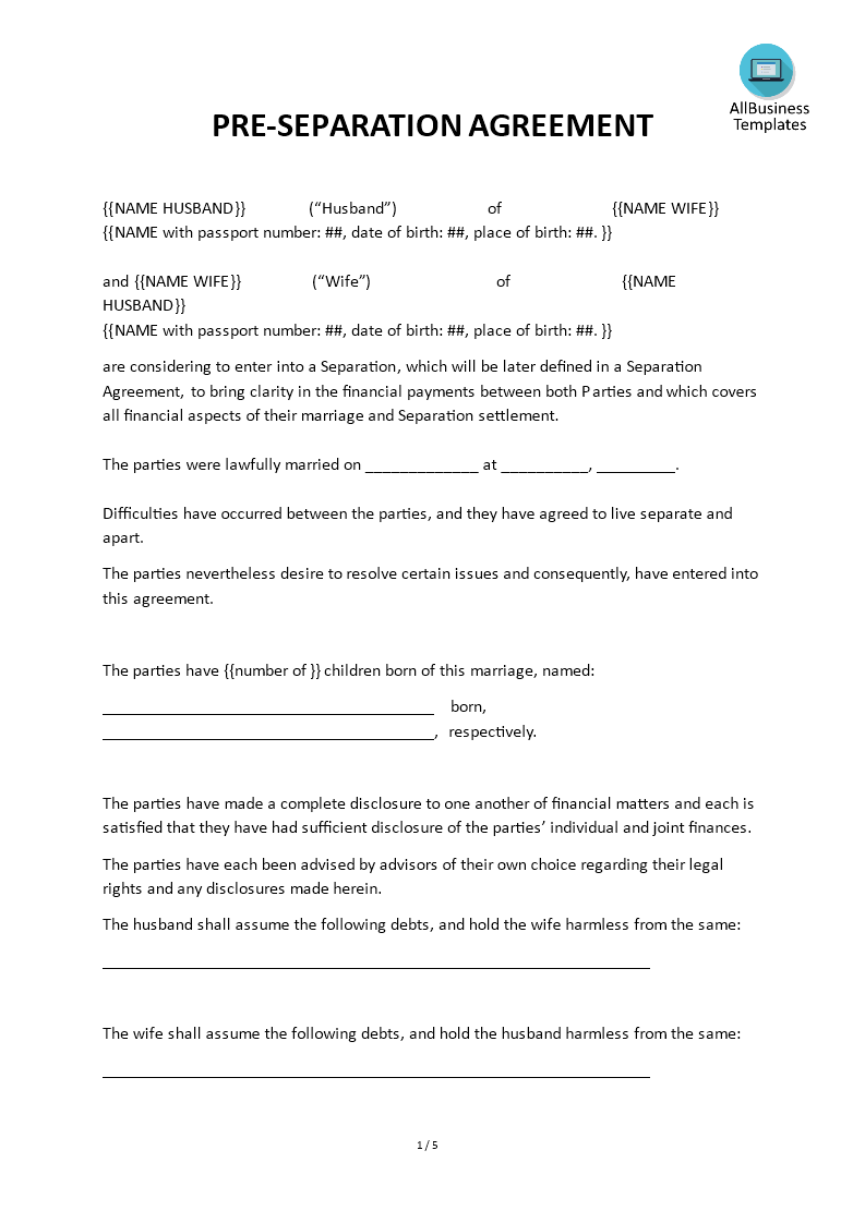 Pre-Seperation Agreement - Premium Schablone Throughout separation financial agreement template