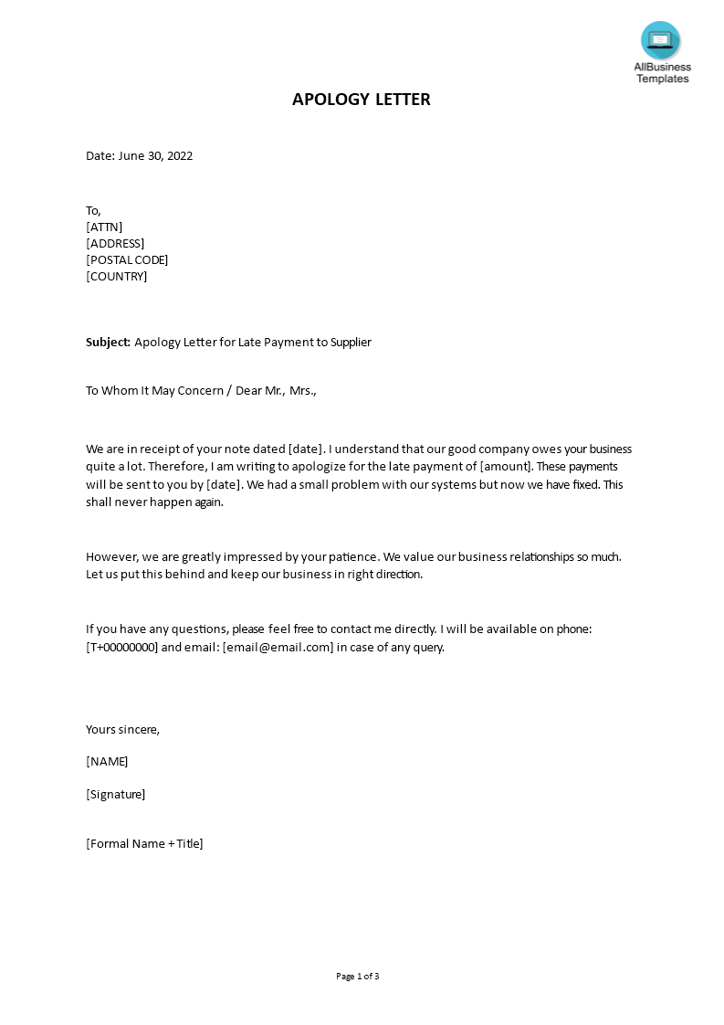 apology letter for late payment to supplier template