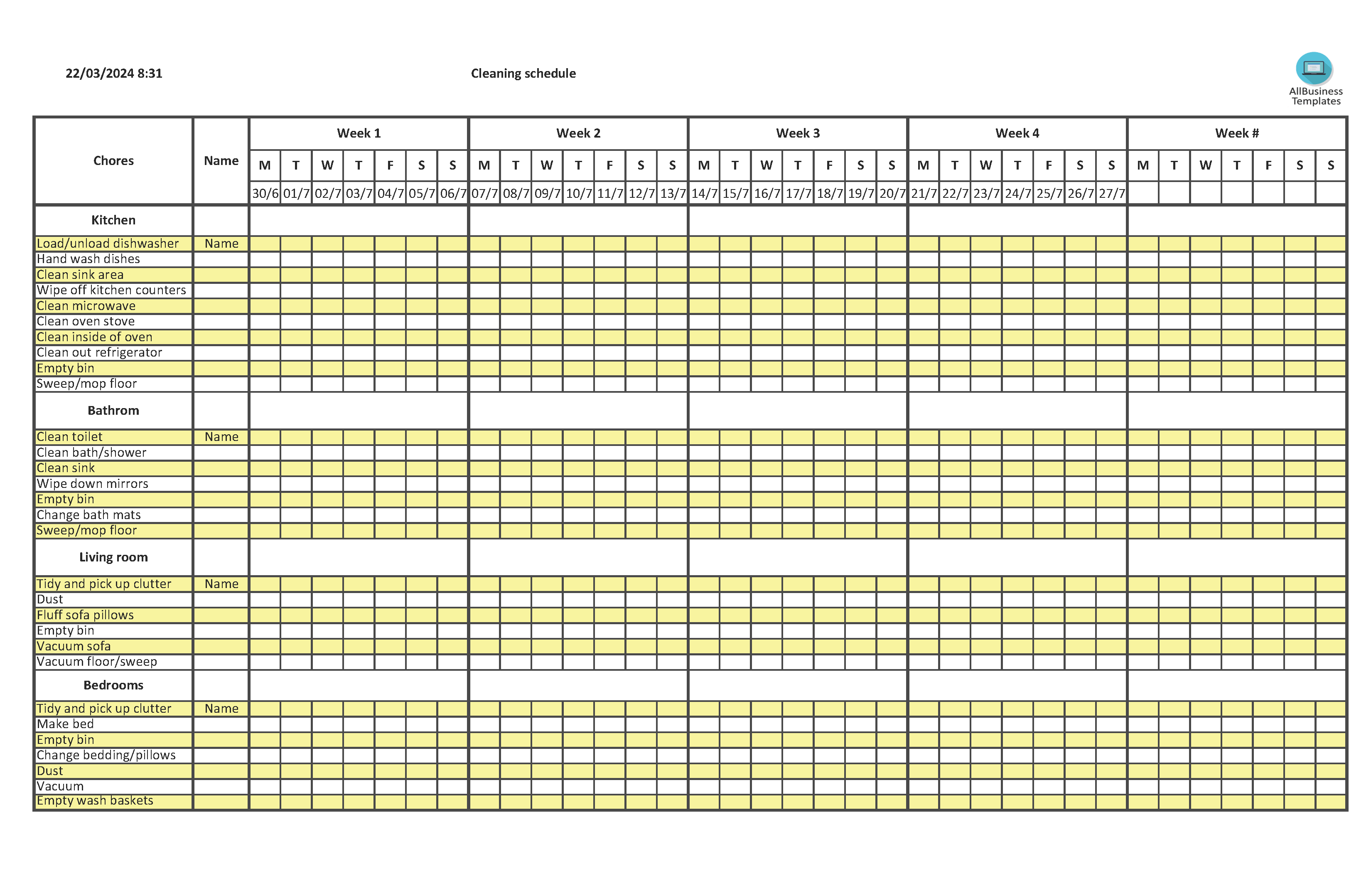 Daily Weekly Monthly Cleaning Schedule Template Excel Free