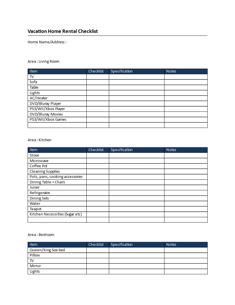 vacation home rental checklist modèles
