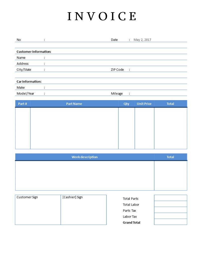 Downloadable Free Printable Auto Repair Invoice Template Printable