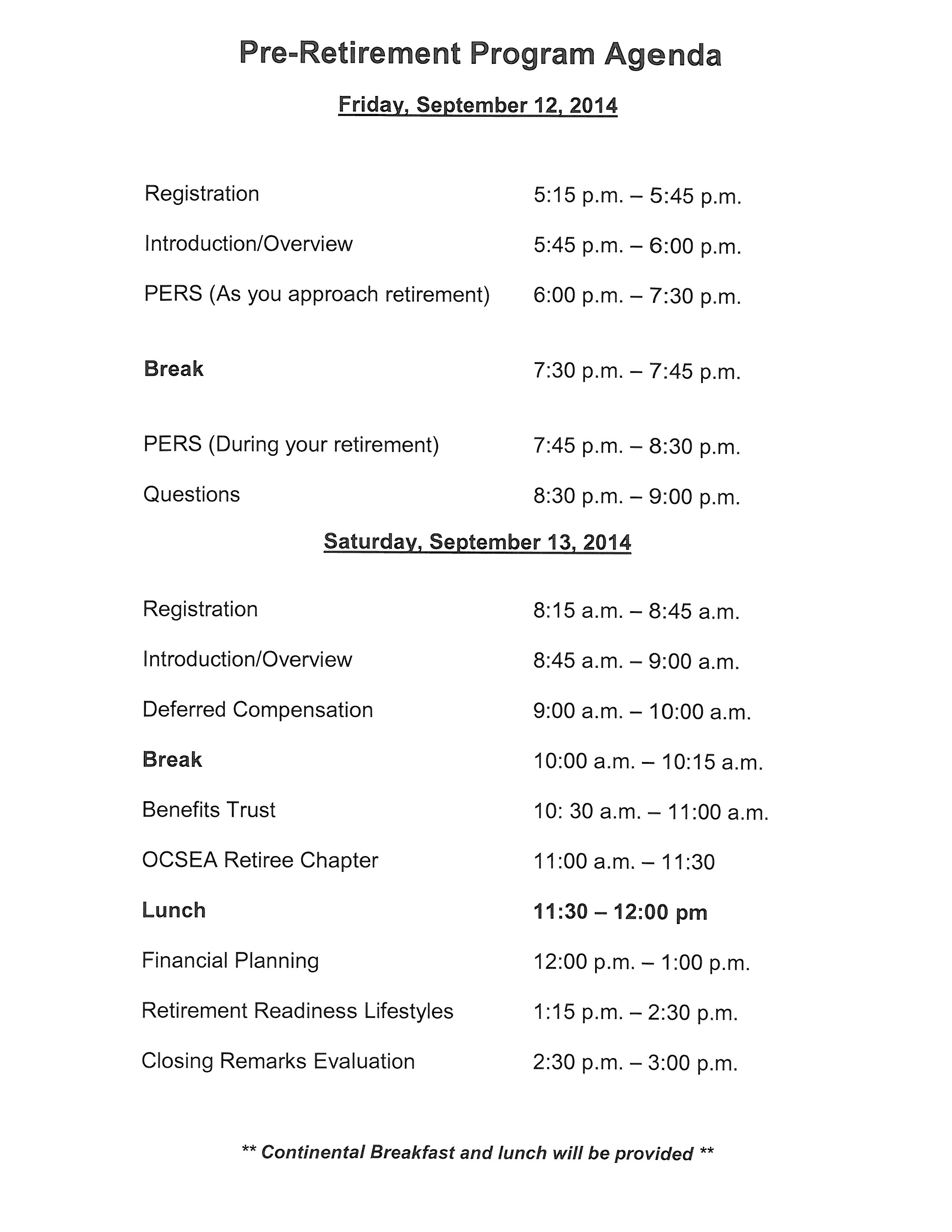 retirement program agenda template