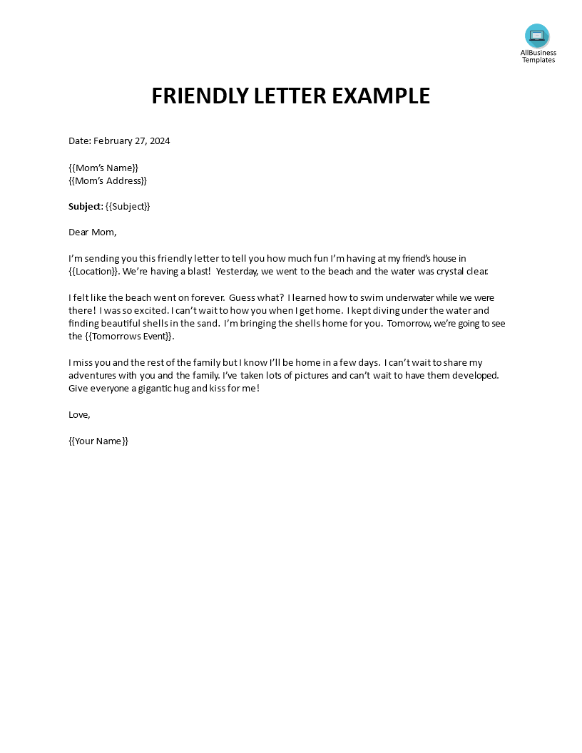 friendly letter format to mom template