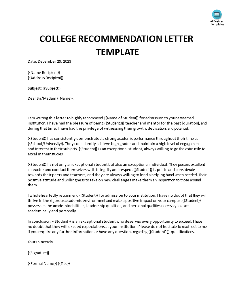 college recommendation letter template template