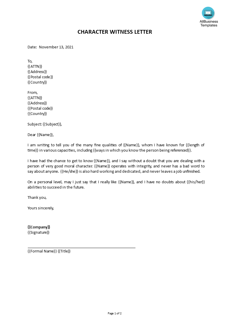 character witness letter example template