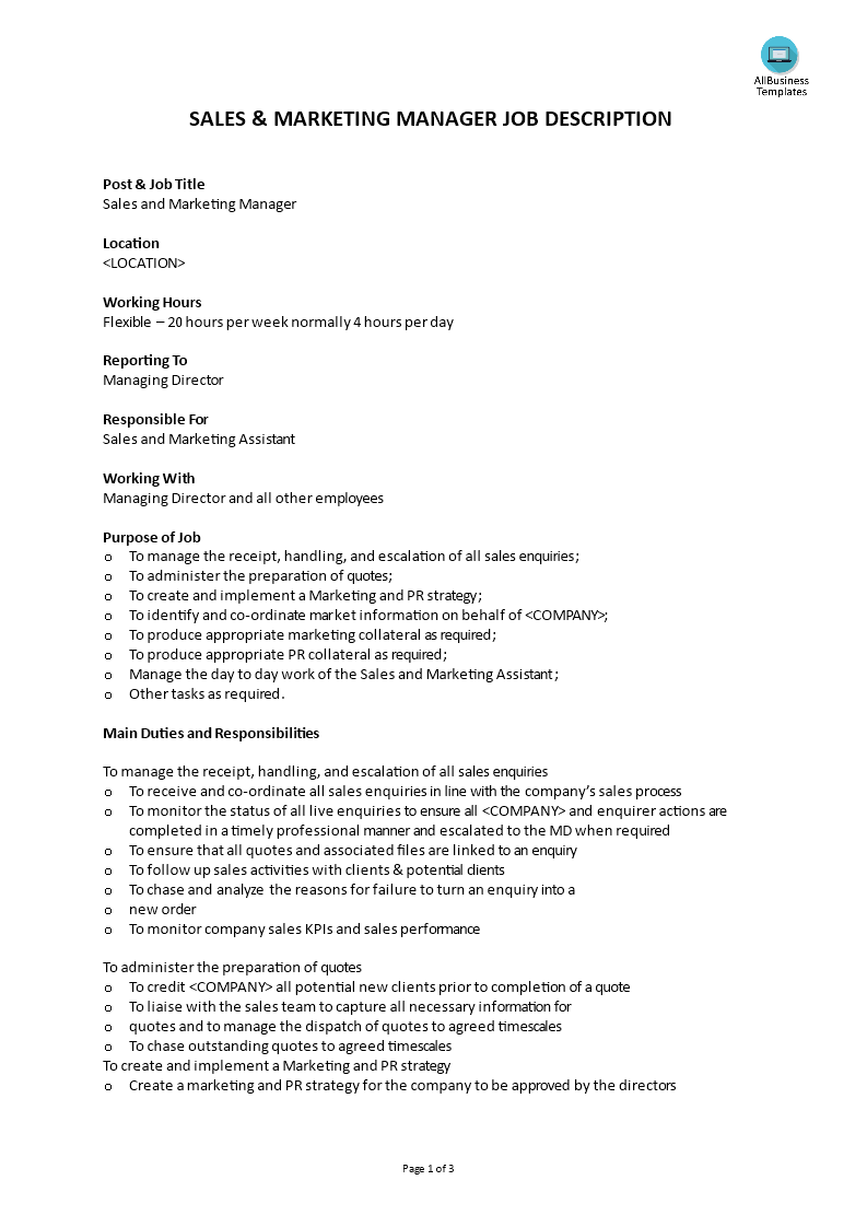 Director Of Sales Job Description Sample