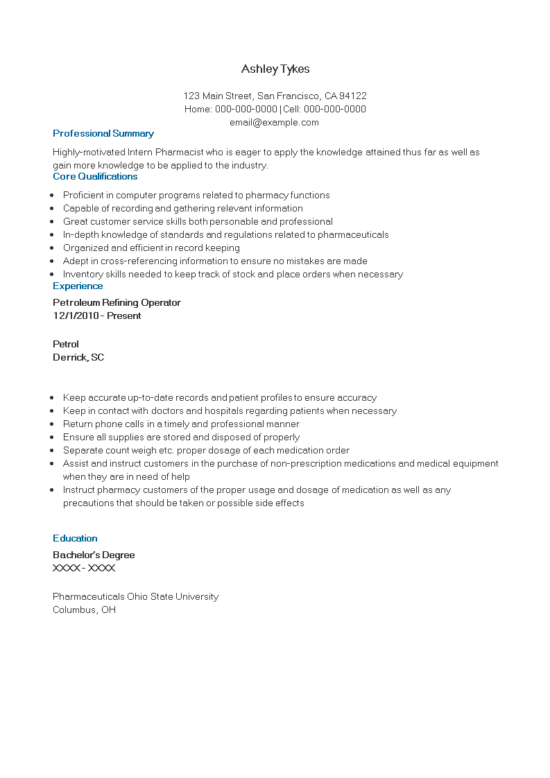 intern curriculum vitae template