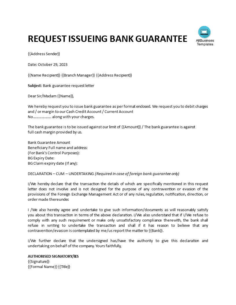 Kostenloses Bank Guarantee Letter