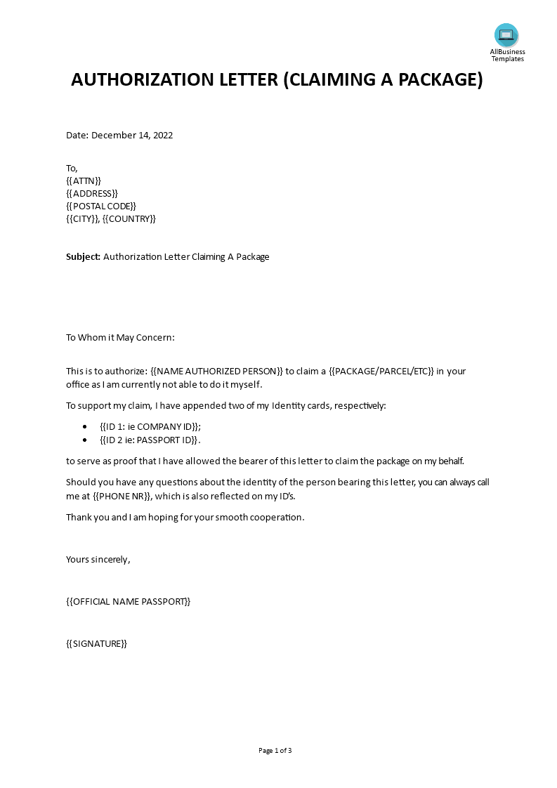 authorization letter claiming a package Hauptschablonenbild