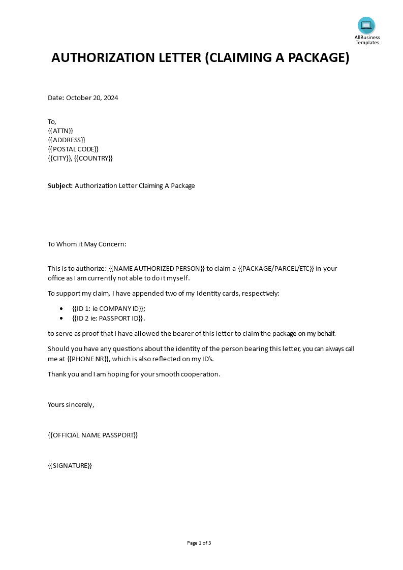 authorization letter claiming a package voorbeeld afbeelding 