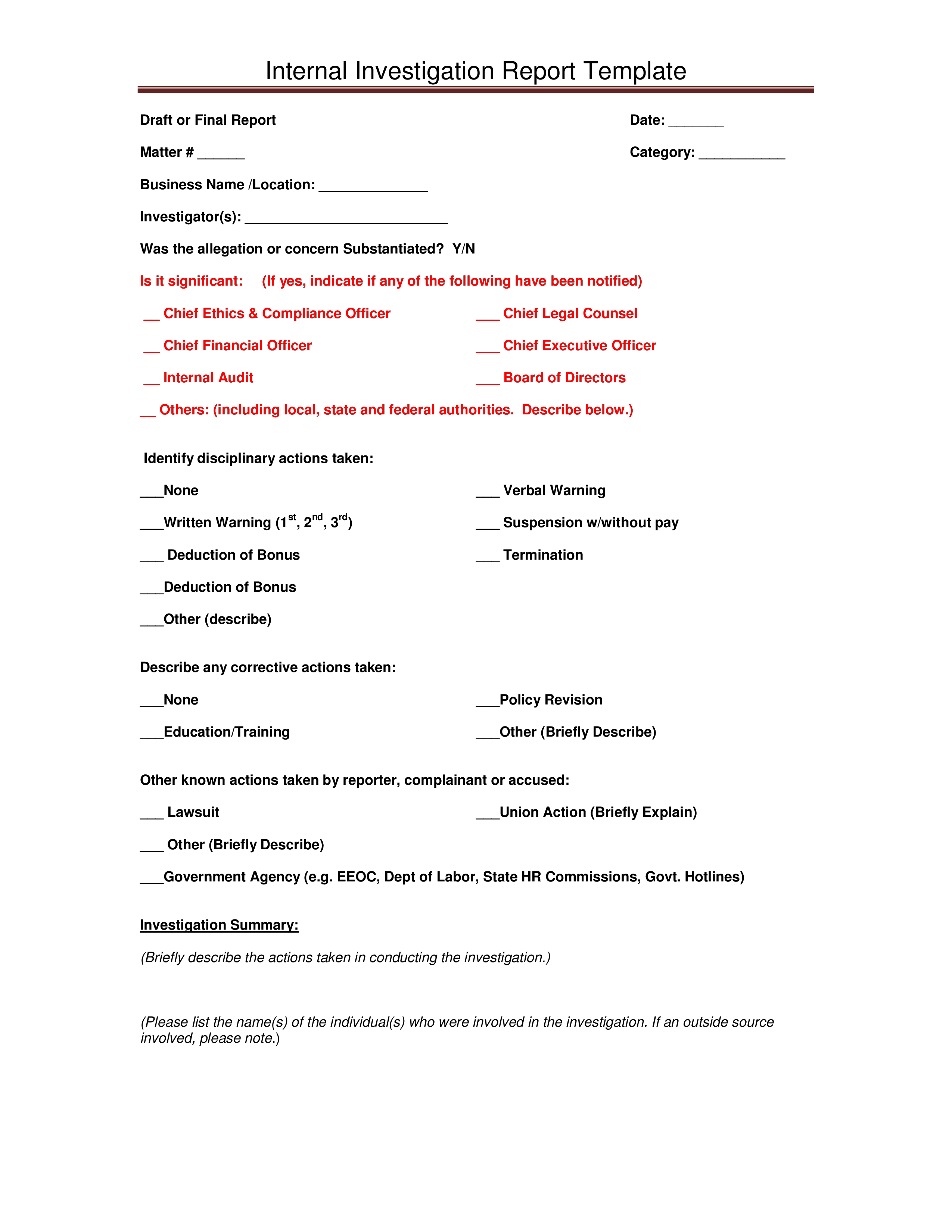 Kostenloses Internal Investigation Report template Intended For Hr Investigation Report Template