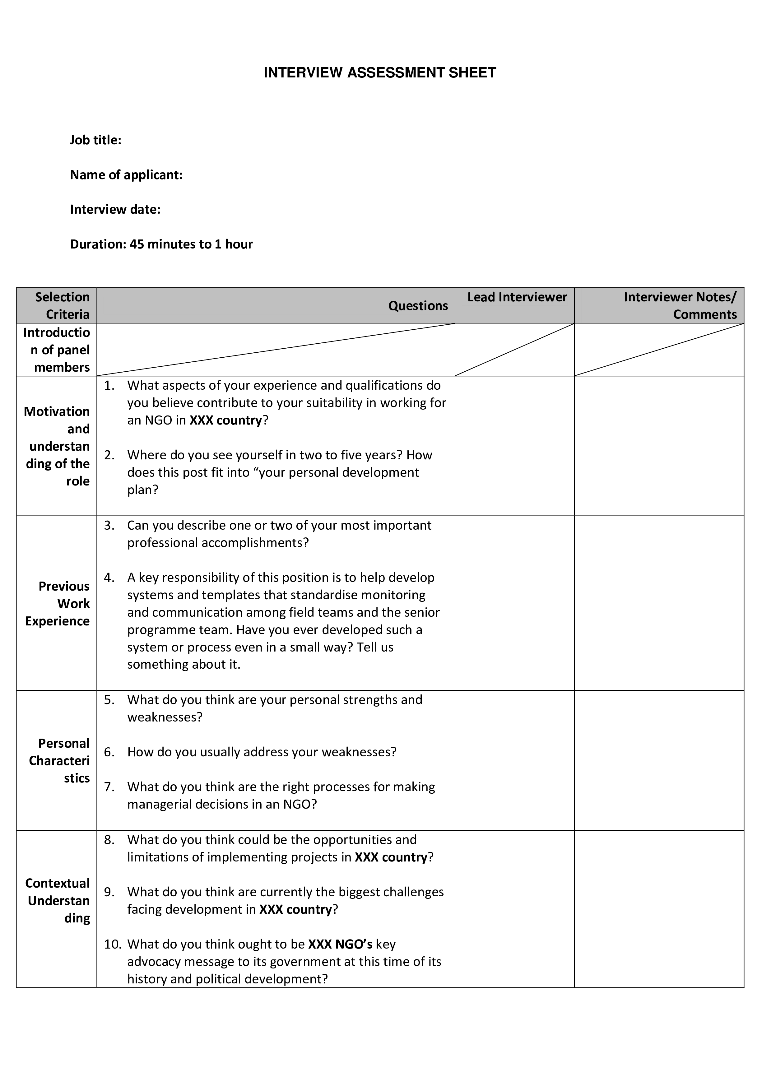 Interview Assessment Sheet 模板