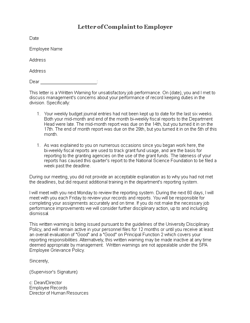 letter of complaint to employer template