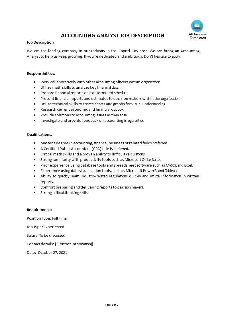 Accounting Analyst Job Description main image