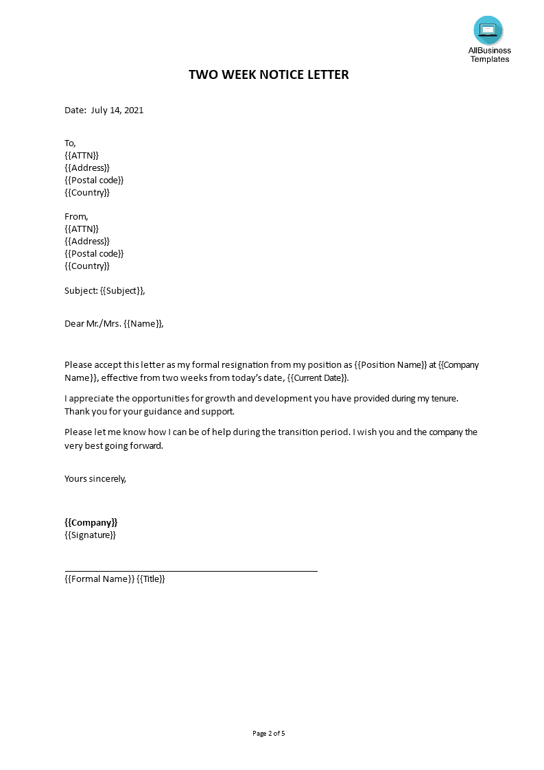 2 Weeks Notice Resignation Letter Format Templates At 