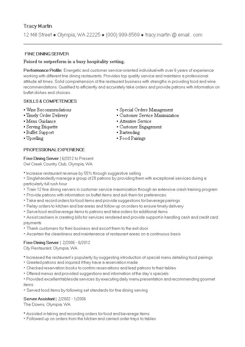 fine dining resume modèles