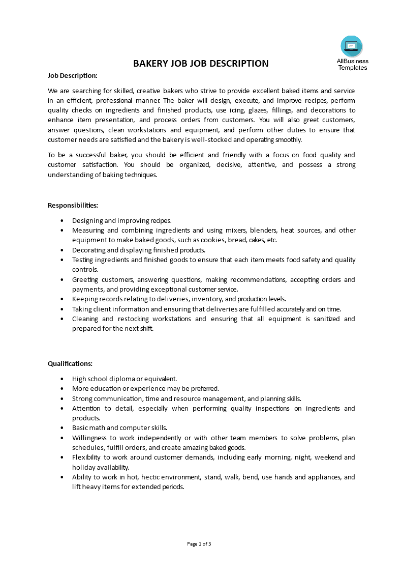 bakery job job description template