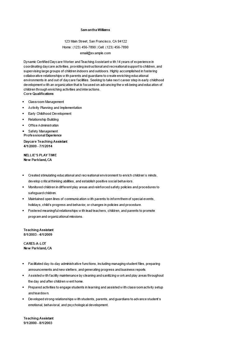 daycare teacher assistant resume plantilla imagen principal