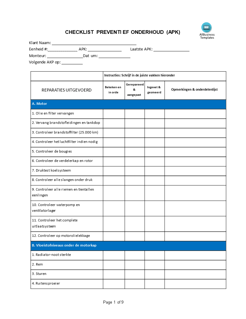 preventief onderhoud checklist template