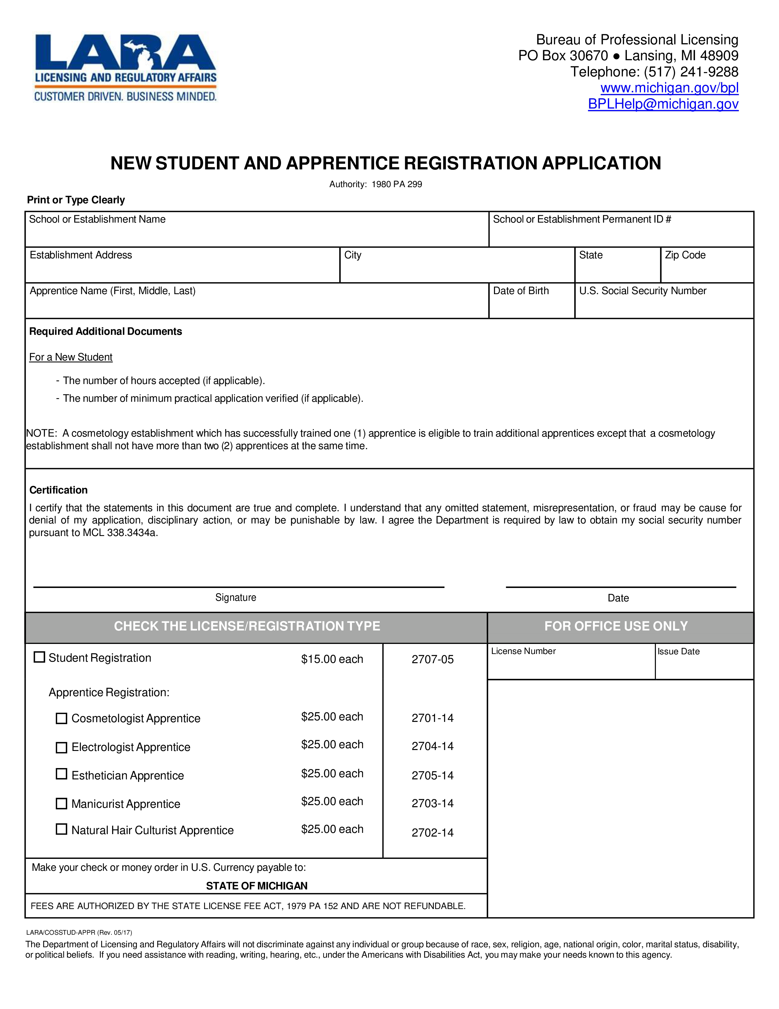 cosmetology apprenticeship application form voorbeeld afbeelding 
