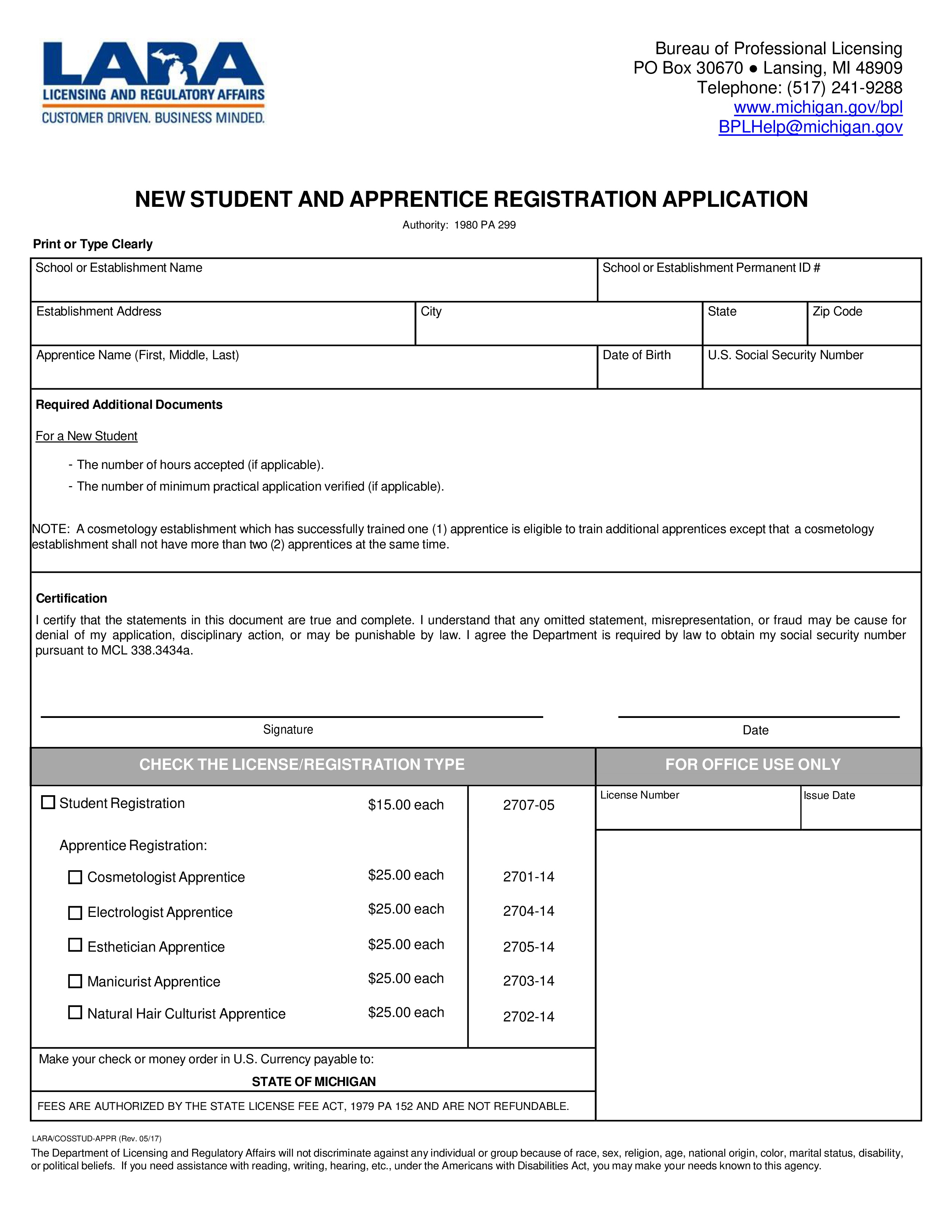 Cosmetology Apprenticeship Application Form 模板