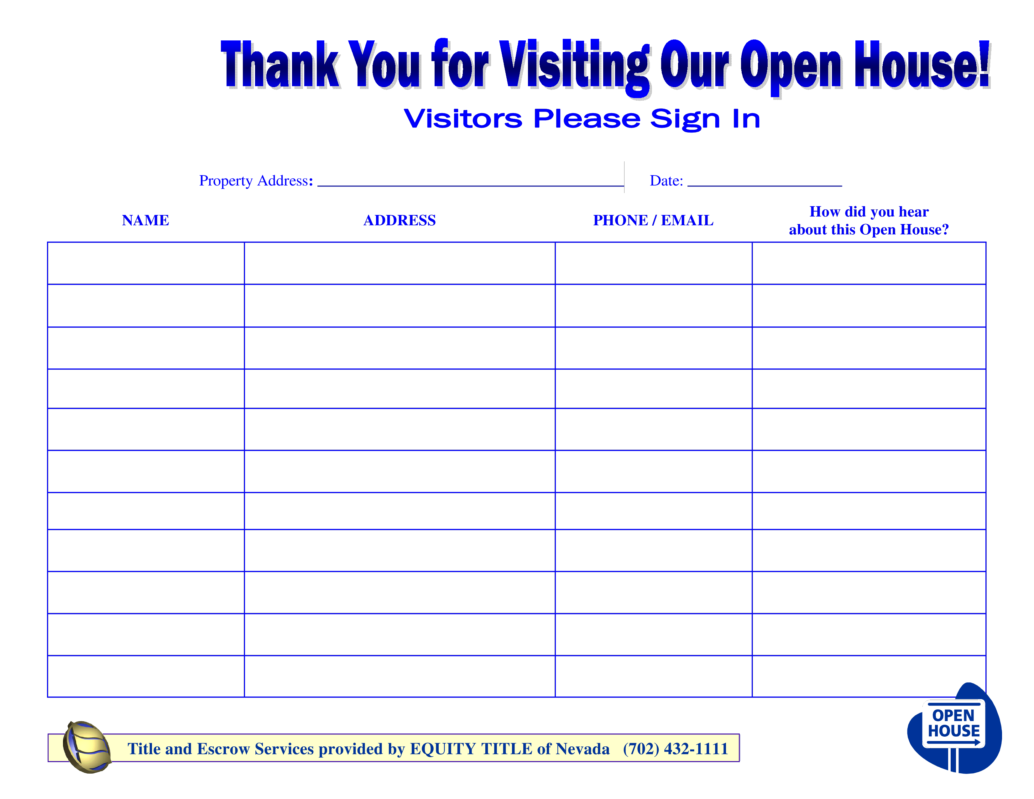 Open House Sign In Sheet Free Printable