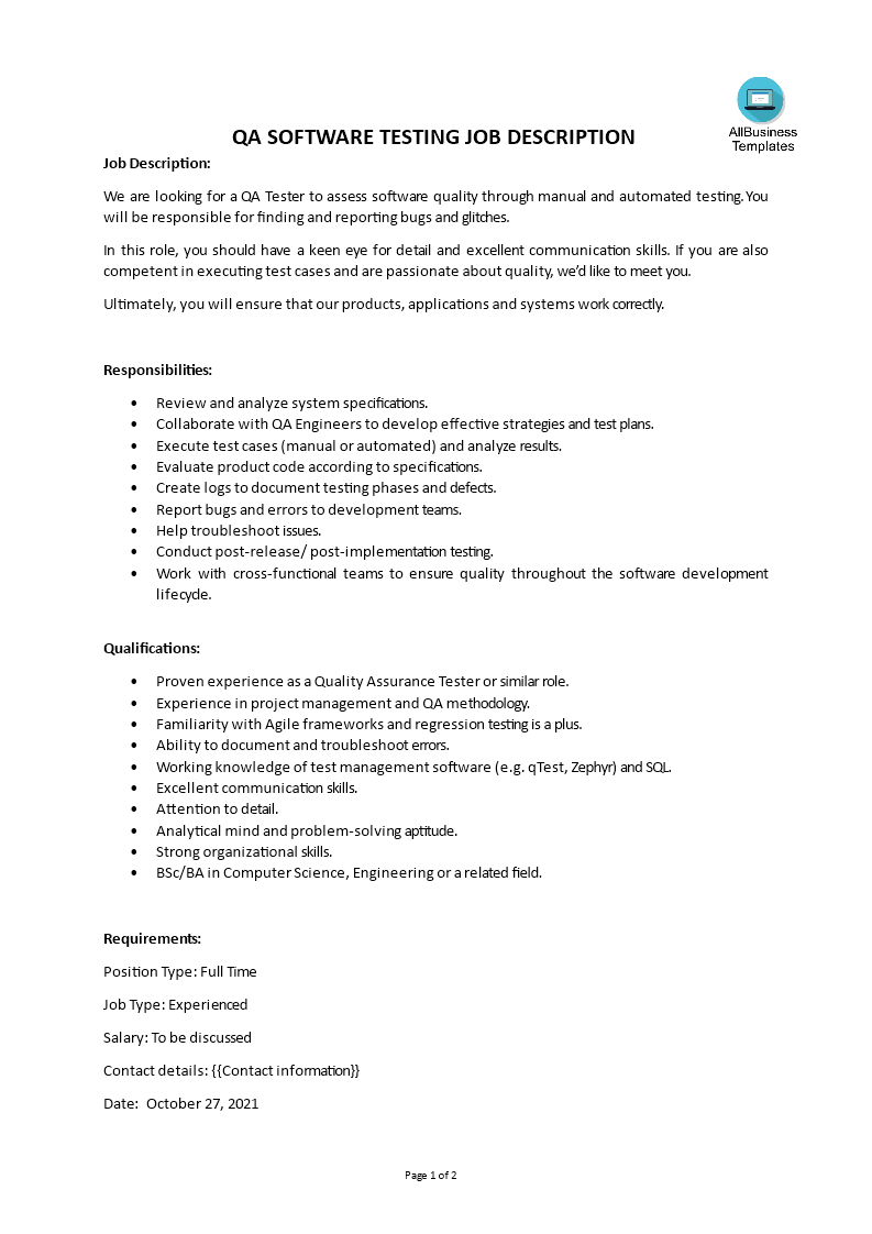 qa software testing job description template