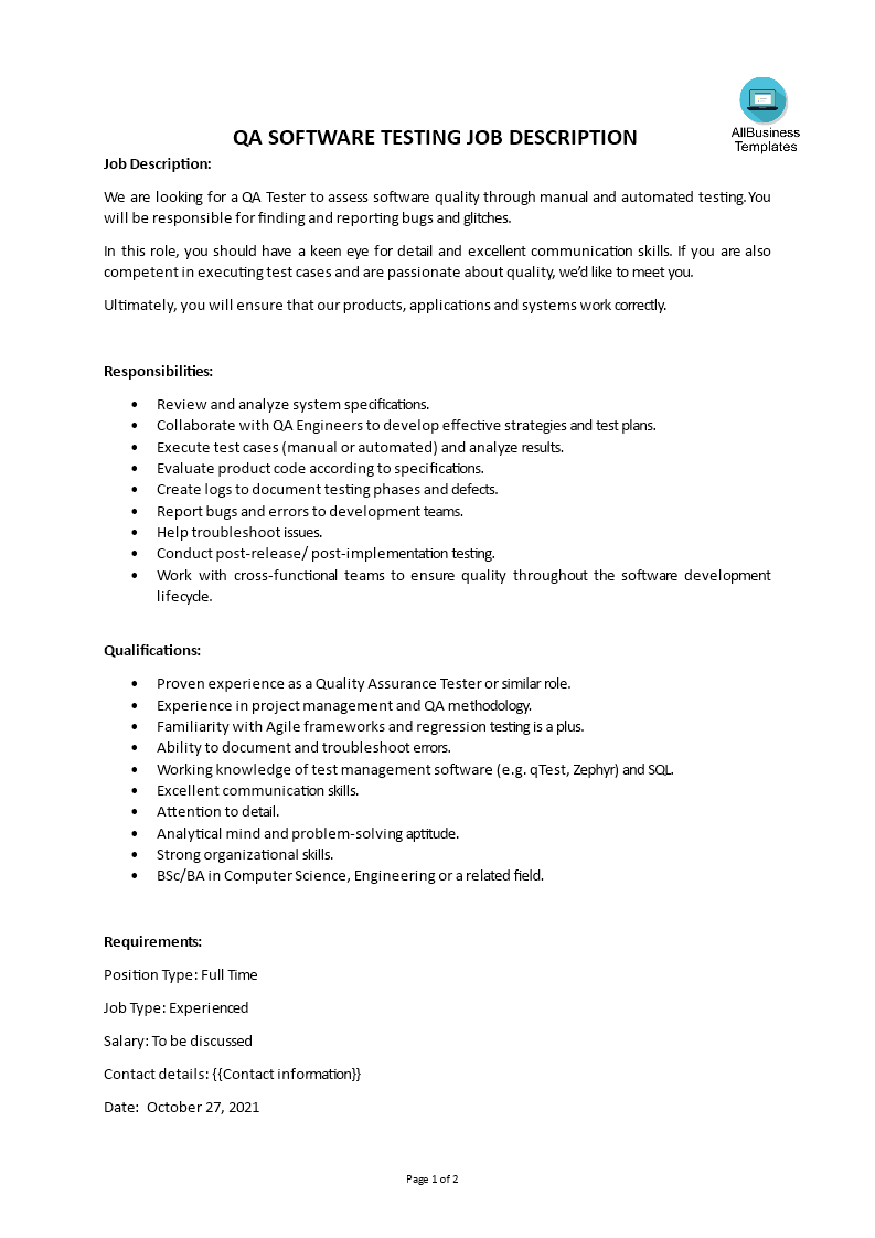 Qa Software Testing Job Description 模板