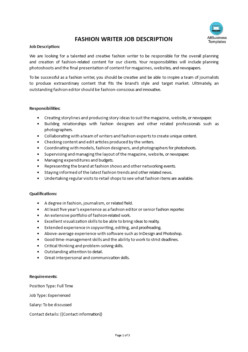 fashion writer job description template