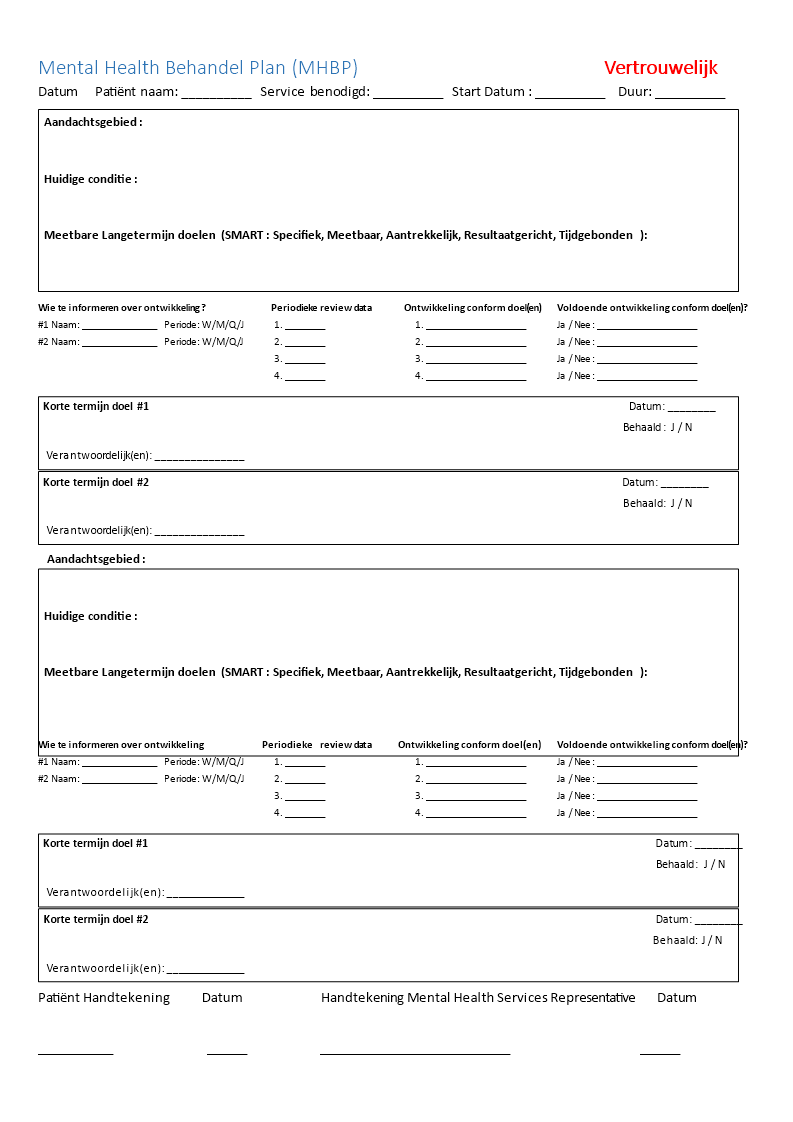 Geestelijke gezondheidszorg behandelplan 模板