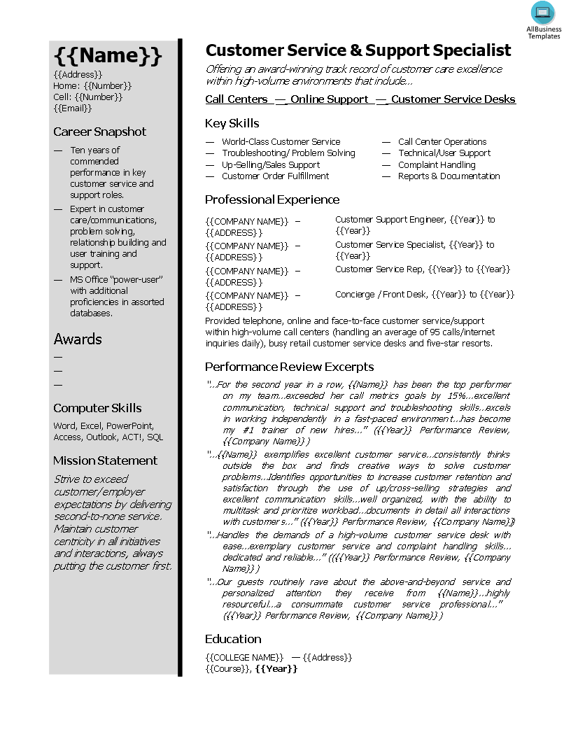 work experience customer service resume template