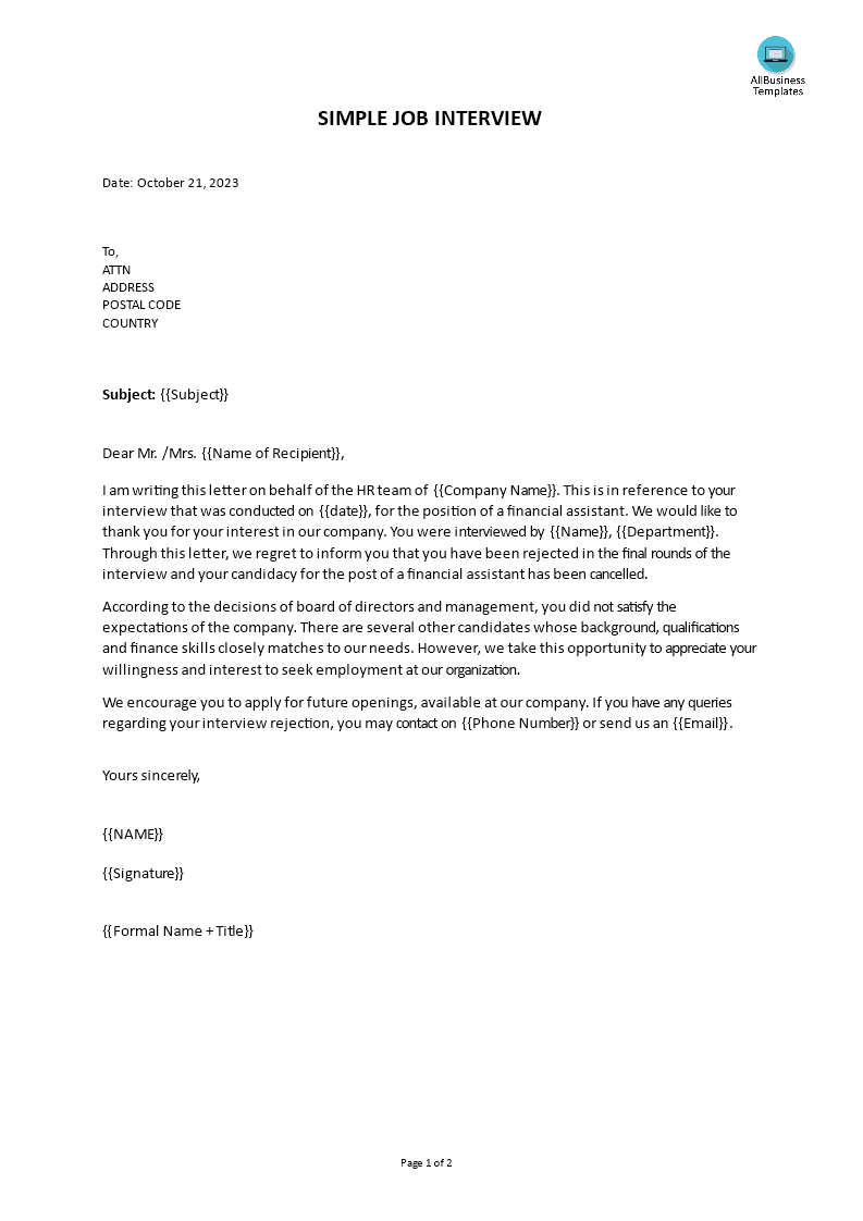 simple job interview rejection letter template