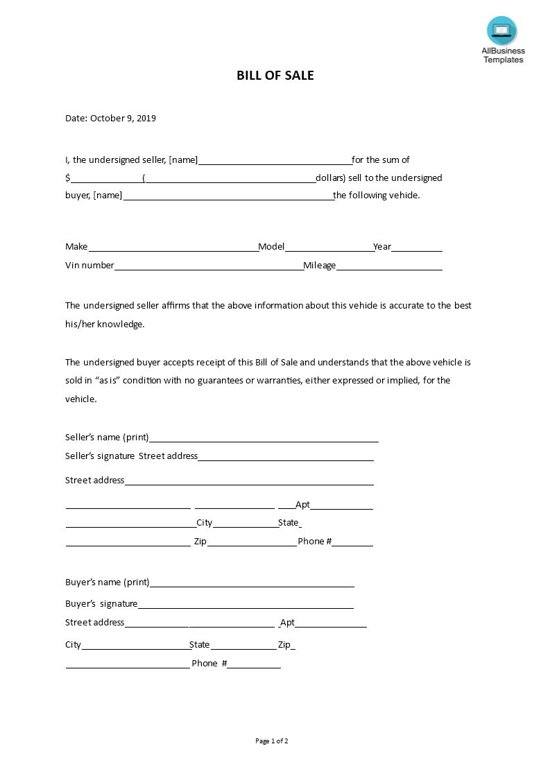 Free Bill Of Sale Forms 24 Word Pdf Eforms Free Bill Of Sale Forms 24 