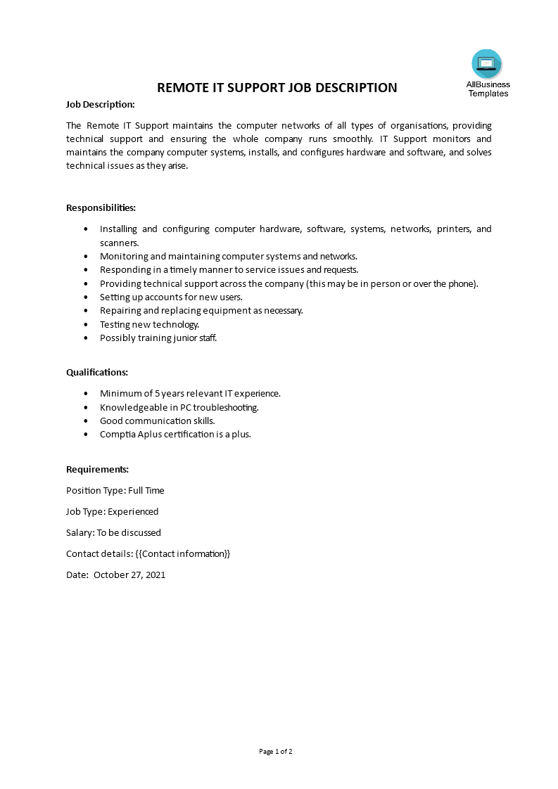 remote it support job description template