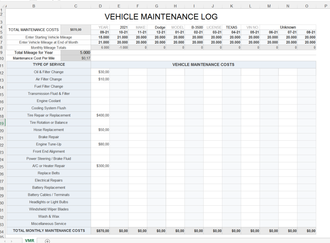 Vehicle Maintenance Log Sample | Templates at allbusinesstemplates.com
