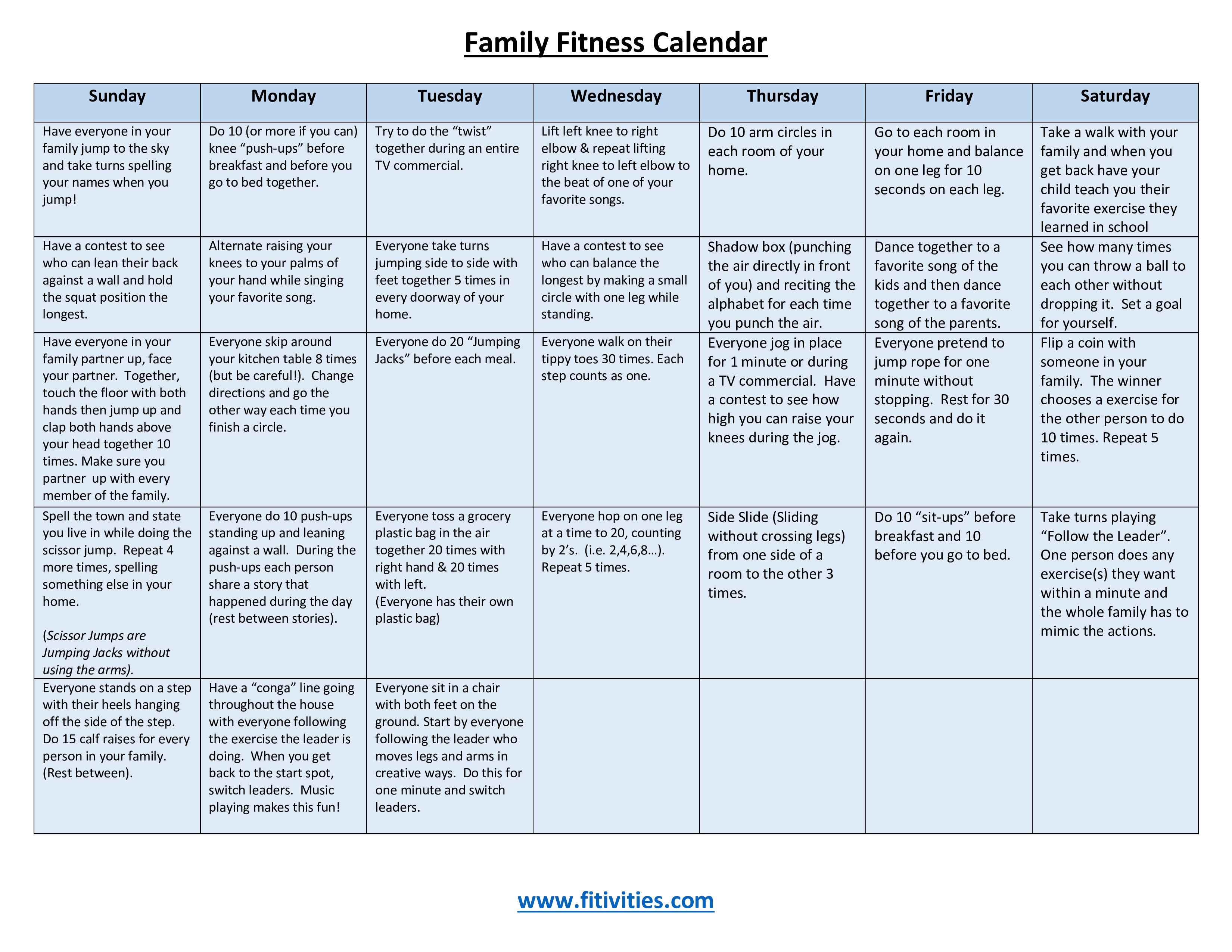 family fitness calendar template