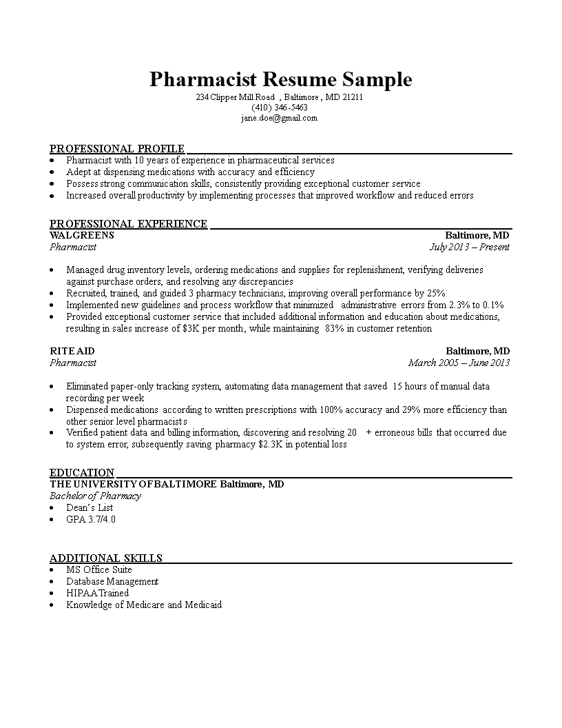 Sample resume for pharmacy job