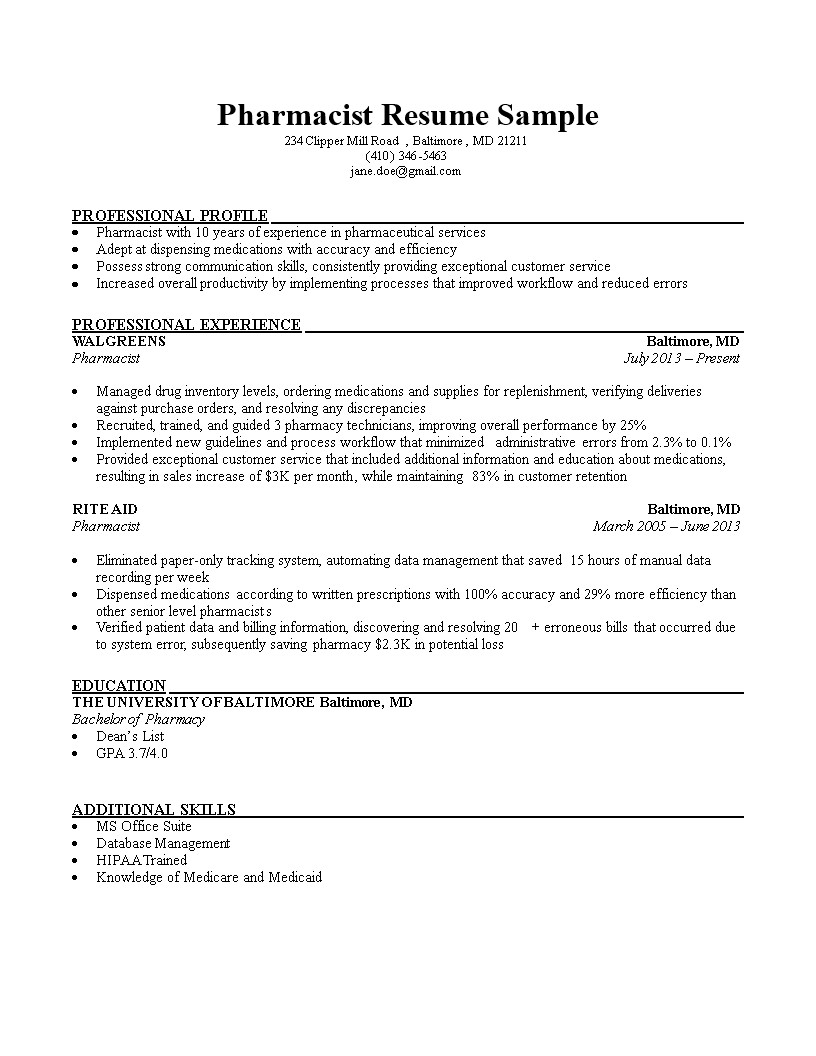 Pharmacist Resume Sample main image