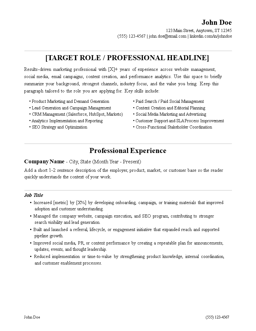 social media marketing manager resume Hauptschablonenbild