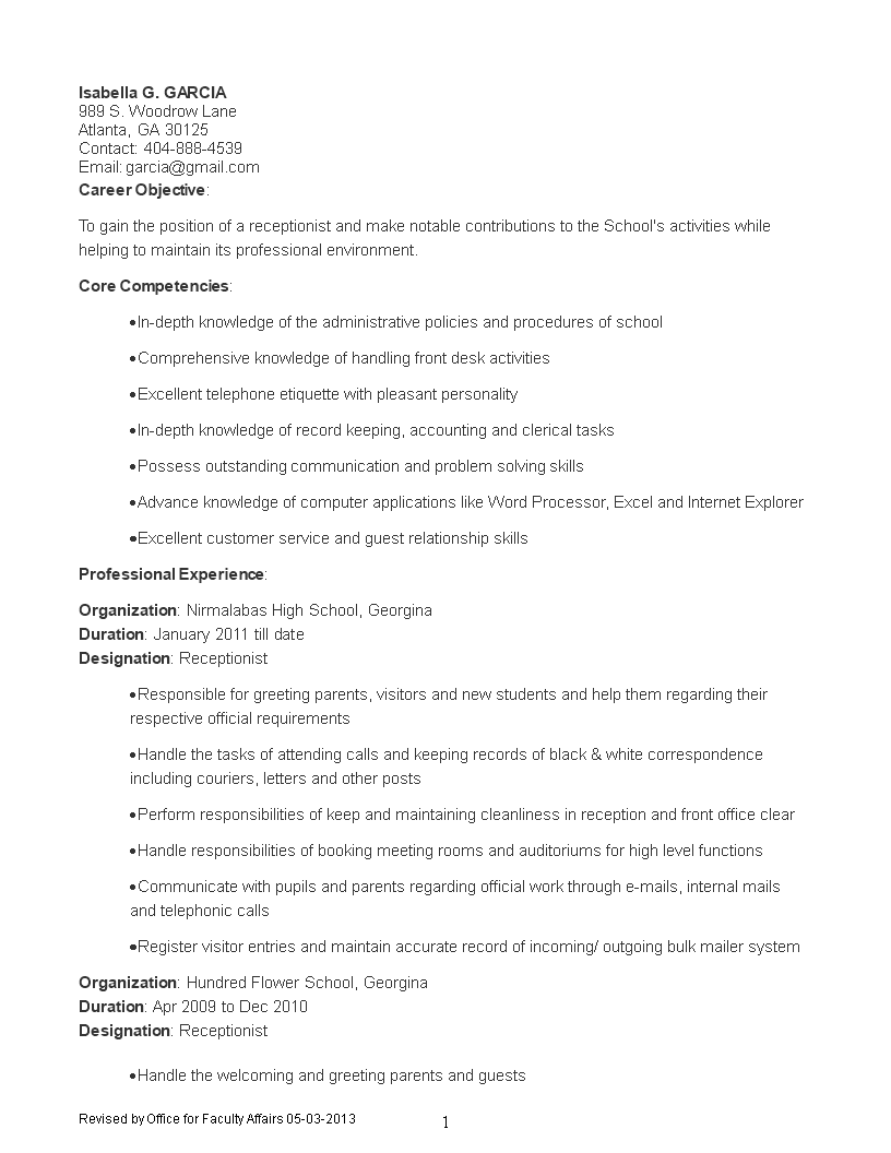 primary school receptionist template