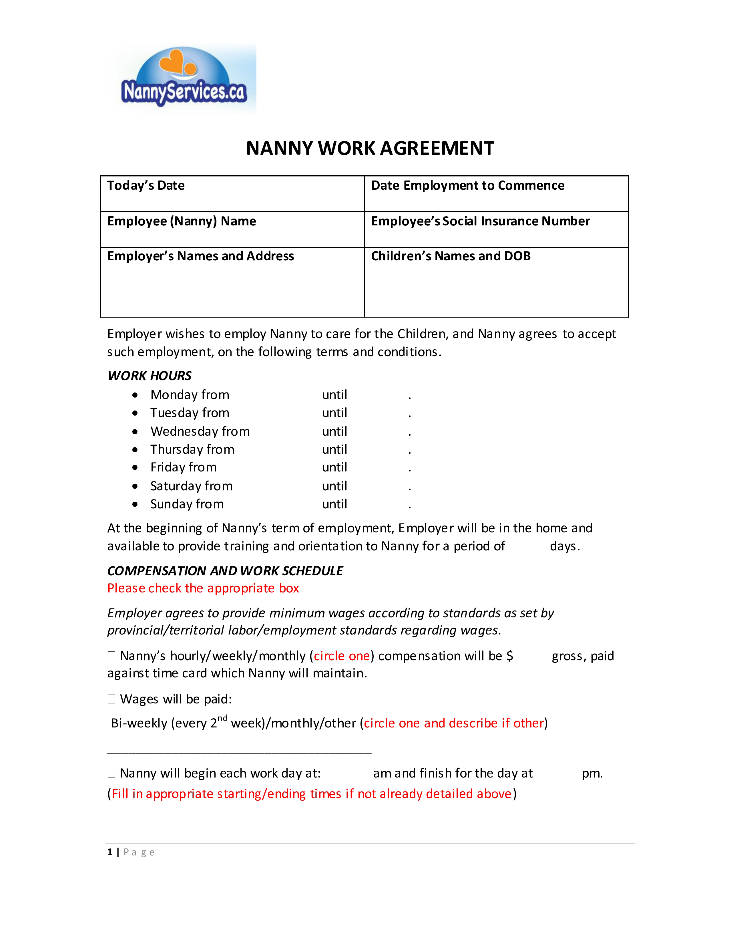 nanny work agreement voorbeeld afbeelding 