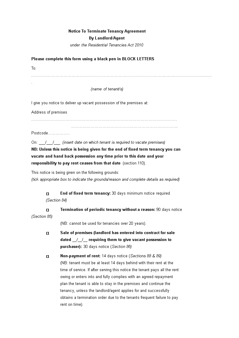 Kostenloses Tenancy Termination Notice template With Regard To fixed term tenancy agreement template