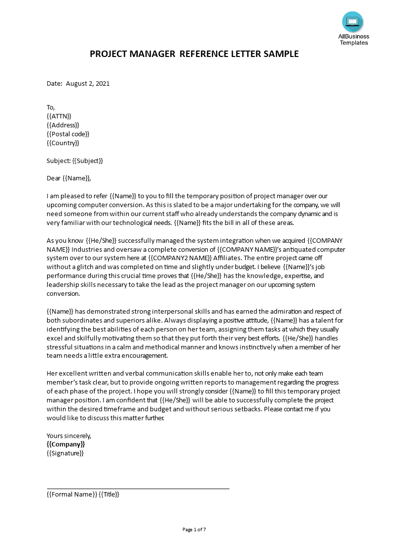 Reference Letter for a Project Manager  Templates at