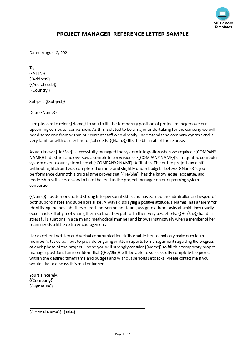 reference letter for a project manager template