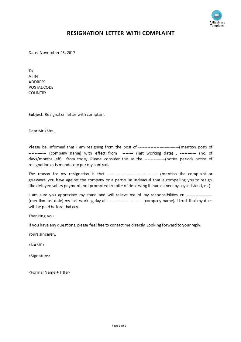 Kostenloses Resignation Letter With Complaint With Free Sample Letter Of Resignation Template