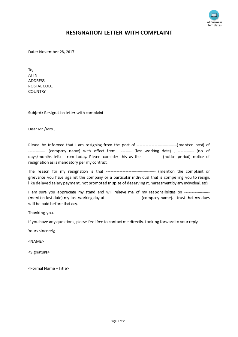 resignation letter with complaint template